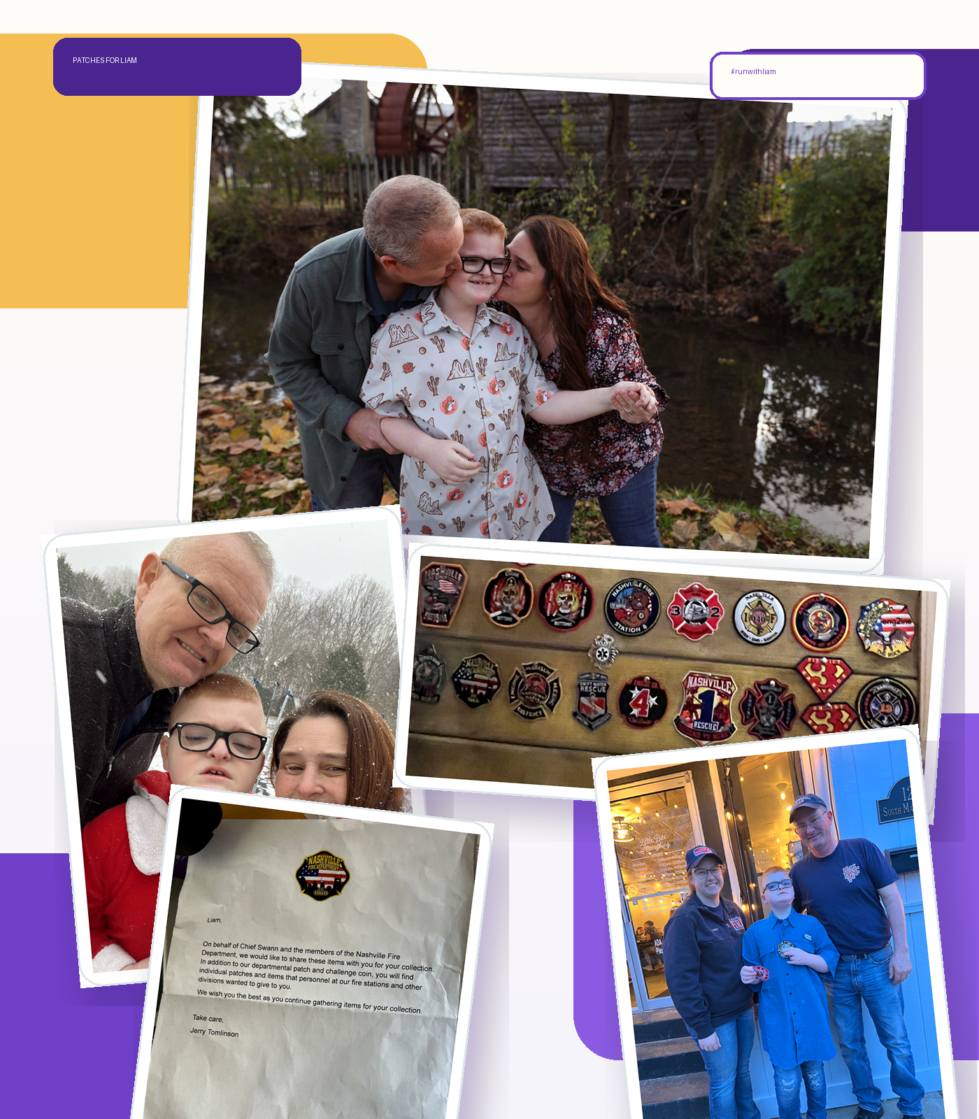 Collage of Liam, his family, Nashville patches, and patch collection photos